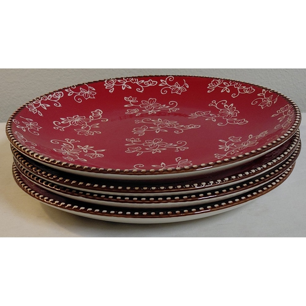 Temp-tations by Tara Floral Lace Red 10.5" Dinner Plates Set of 4 Replacement - Picture 2 of 4